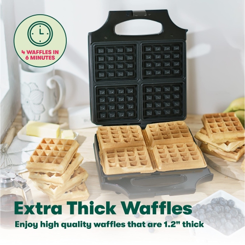 BELLA Classic Waffle Iron, 4 Square Belgian Waffle Maker, Non-stick Extra Large Plates, Stainless Steel, Black, 1400W