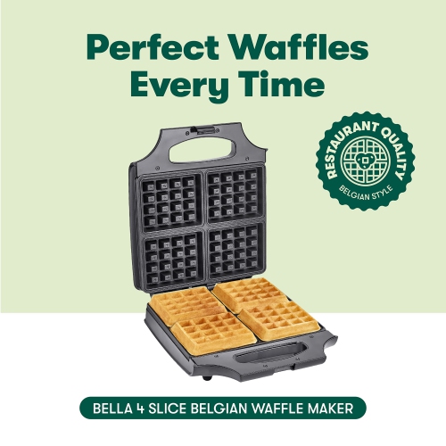 BELLA Classic Waffle Iron, 4 Square Belgian Waffle Maker, Non-stick Extra Large Plates, Stainless Steel, Black, 1400W