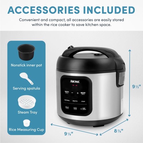 AROMA® Digital Rice Cooker, 4-Cup / 8-Cup (Cooked), Steamer, 2 Qt, Stainless Steel Exterior