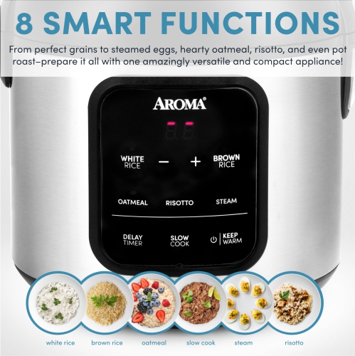 AROMA® Digital Rice Cooker, 4-Cup / 8-Cup (Cooked), Steamer, 2 Qt, Stainless Steel Exterior