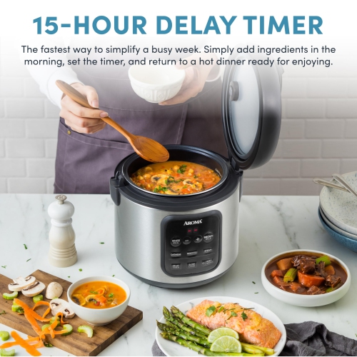 AROMA® Digital Rice Cooker, 4-Cup / 8-Cup (Cooked), Steamer, 2 Qt, Stainless Steel Exterior