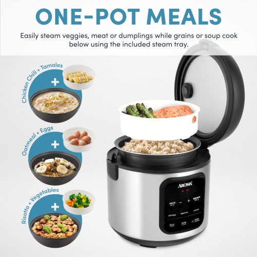 AROMA® Digital Rice Cooker, 4-Cup / 8-Cup (Cooked), Steamer, 2 Qt, Stainless Steel Exterior
