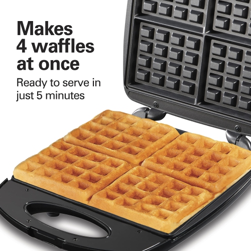 Hamilton Beach 4-Slice Non-Stick Belgian Waffle Maker with Indicator Lights, Compact Design, Black
