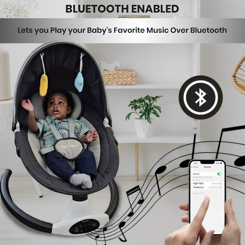Balançoire P@B PBell pour bébés, haut-parleur de musique Bluetooth 5 vitesses et télécommande. Ceinture de sécurité à cinq points.