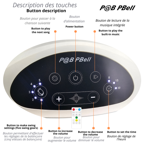 Balançoire P@B PBell pour bébés, haut-parleur de musique Bluetooth 5 vitesses et télécommande. Ceinture de sécurité à cinq points.