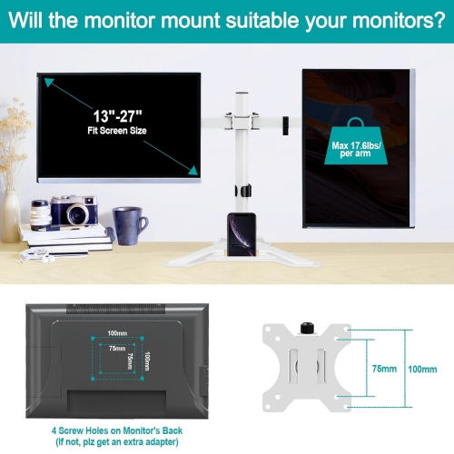 Dual Monitor Stand - Free Standing Full Motion Monitor Desk Mount Fits 2 Screens up to 27 inches,17.6lbs with Height Adjustable, VESA 75x75 100x100,