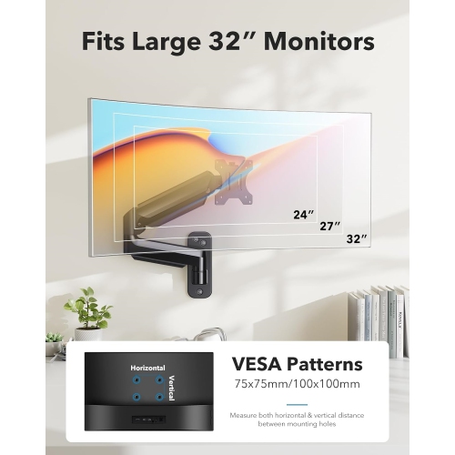 Monitor Wall Mount for 17 to 32 Inch Screens up to 19.8 lbs, Single Monitor Arm Mount with Gas Spring, Full Motion Height Adjustable VESA Monitor