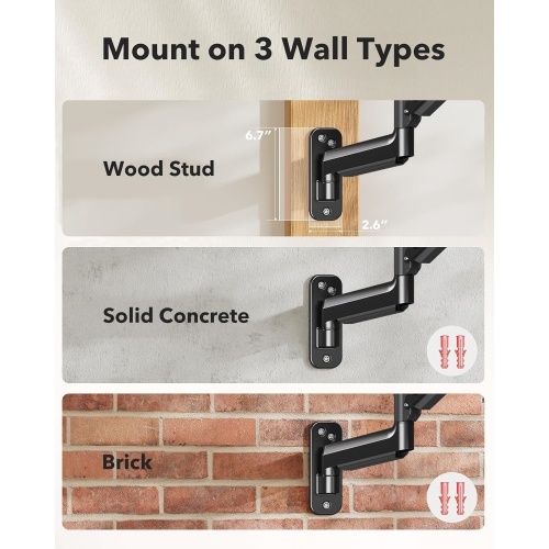 Monitor Wall Mount for 17 to 32 Inch Screens up to 19.8 lbs, Single Monitor Arm Mount with Gas Spring, Full Motion Height Adjustable VESA Monitor