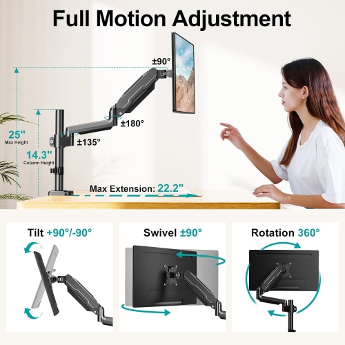 Single Monitor Mount, Desk Mount for 13-32 inch Computer Screen, Adjustable Tall Monitor Arm with 25 inch Max Height, Holds 4.4-19.8 lbs, Full Motion