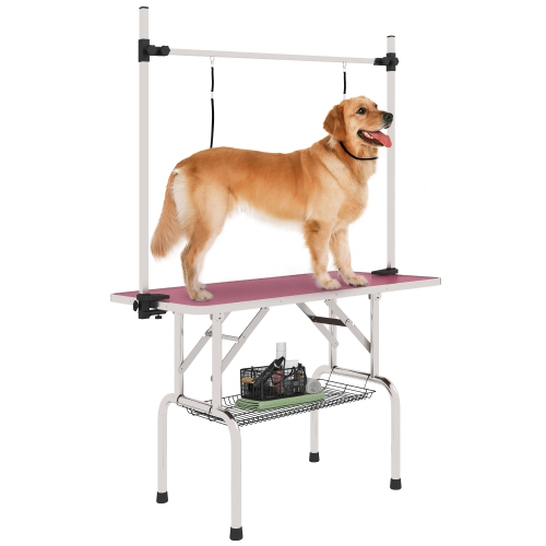 PawHut – Table de toilettage ajustable pour chien, dessus en caoutchouc, 2 paniers de rangement en mailles de sécurité, métal robuste, rose, 42,25 x