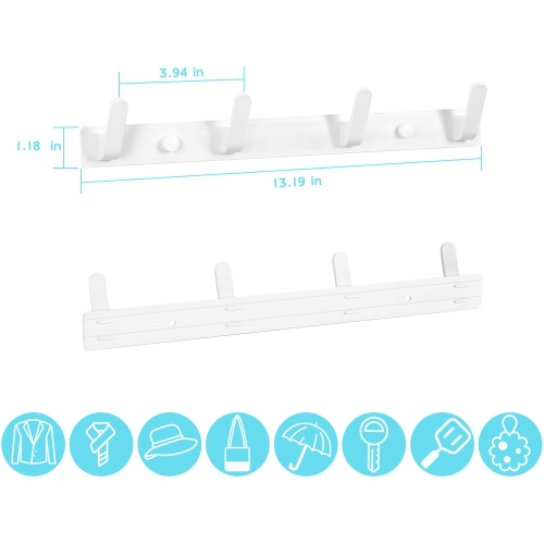 Metal Wall Hooks, 4 White Horizontal Hooks, Bathroom Kitchen Entry Organiser