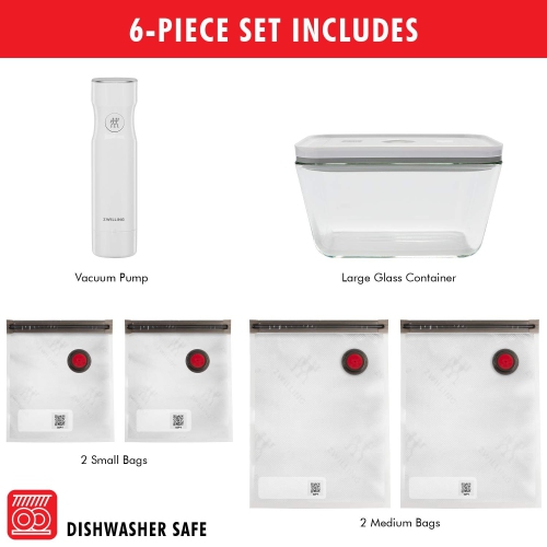 ZWILLING Fresh & Save Vacuum Sealer Machine Starter Set, 6 Piece BPA-Free Sous Vide, Meal Prep Container Set - Glass