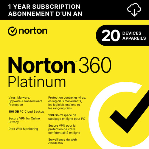 Norton 360 Platinum - 20 Devices - 100GB Cloud Backup - 1 Year - Digital Download