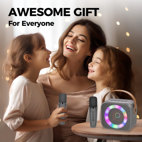Machine à karaoké pour enfants, mini haut-parleur portatif Bluetooth karaoké avec 2 microphones sans fil et lumières colorées pour enfants adultes,