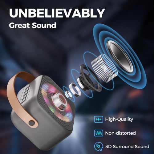 Machine à karaoké pour enfants, mini haut-parleur portatif Bluetooth karaoké avec 2 microphones sans fil et lumières colorées pour enfants adultes,