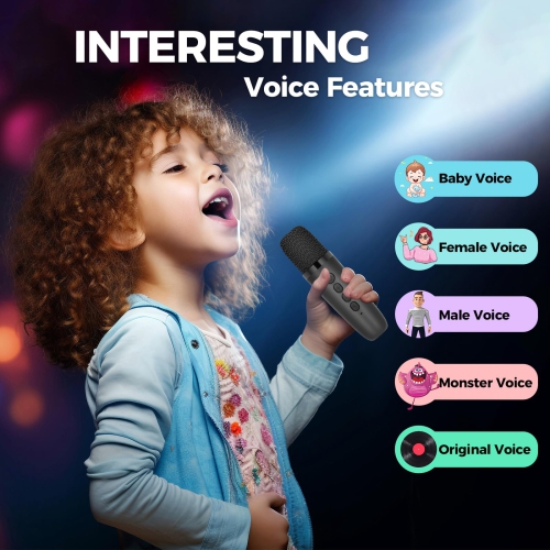 Machine à karaoké pour enfants, mini haut-parleur portatif Bluetooth karaoké avec 2 microphones sans fil et lumières colorées pour enfants adultes,