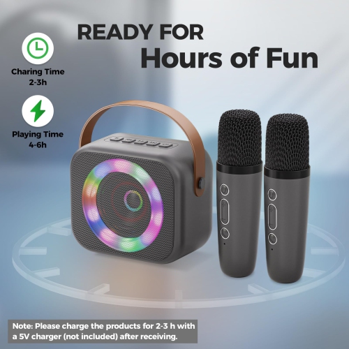 Machine à karaoké pour enfants, mini haut-parleur portatif Bluetooth karaoké avec 2 microphones sans fil et lumières colorées pour enfants adultes,