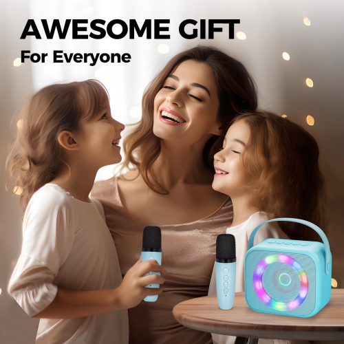 Machine à karaoké pour enfants, mini haut-parleur portatif Bluetooth karaoké avec 2 microphones sans fil et lumières colorées pour enfants adultes,