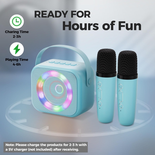 Machine à karaoké pour enfants, mini haut-parleur portatif Bluetooth karaoké avec 2 microphones sans fil et lumières colorées pour enfants adultes,