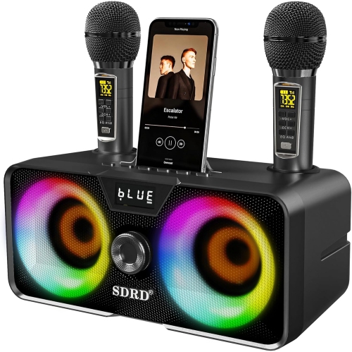 Portable Bluetooth Karaoke Machine with 2 Wireless Microphones, LED Disco Lights, PA Speaker System, USB/SD/AUX, Home Karaoke Set for Adults & Kids,