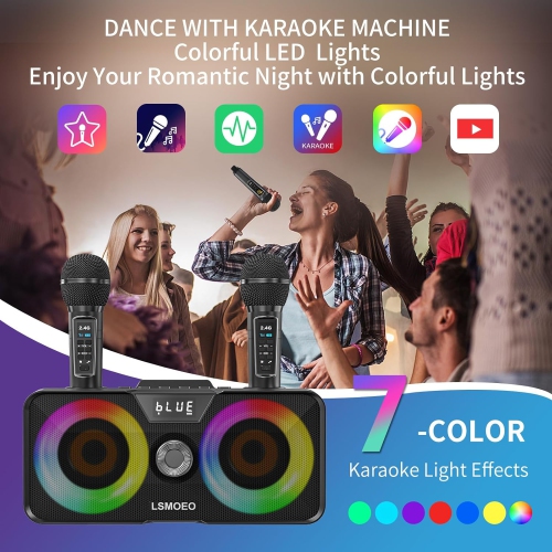 Portable Bluetooth Karaoke Machine with 2 Wireless Microphones, LED Disco Lights, PA Speaker System, USB/SD/AUX, Home Karaoke Set for Adults & Kids,
