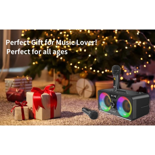 Portable Bluetooth Karaoke Machine with 2 Wireless Microphones, LED Disco Lights, PA Speaker System, USB/SD/AUX, Home Karaoke Set for Adults & Kids,