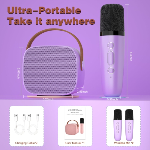 Machine à karaoké miniature avec microphone sans fil 2, haut-parleur Bluetooth portatif pour enfants et adultes, cadeaux pour filles et garçons Fête