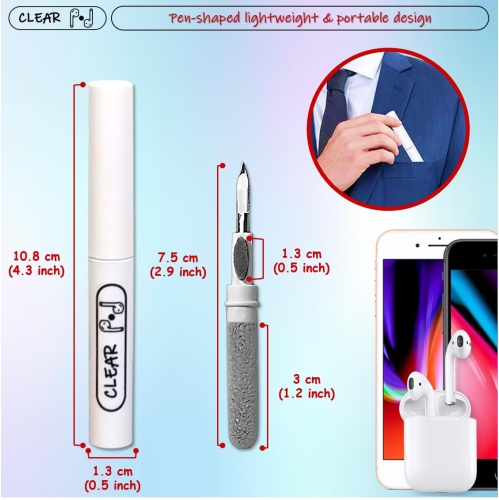 Clear Pod Cleaner Kit for Airpods Pro 1 2 3, Samsung Android Earbuds, Multifunctional Cleaning Pen with Soft Brush, Flocking Sponge for Headphones,