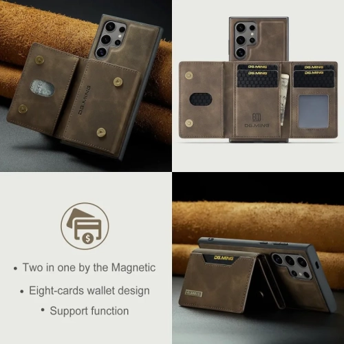 Samsung Galaxy S24 Ultra Wallet Case: Detachable Magnetic Card Holder, Faux Leather Kickstand, Shockproof Cover | Brown Coffee