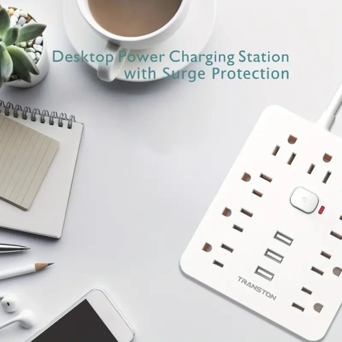 Fireproof Desktop Charging Station Surge Protector with 9 Sockets, 3 USB Ports, Flat Plug, Wall-Mounted 5ft Extension Cord – White, Perfect for Home
