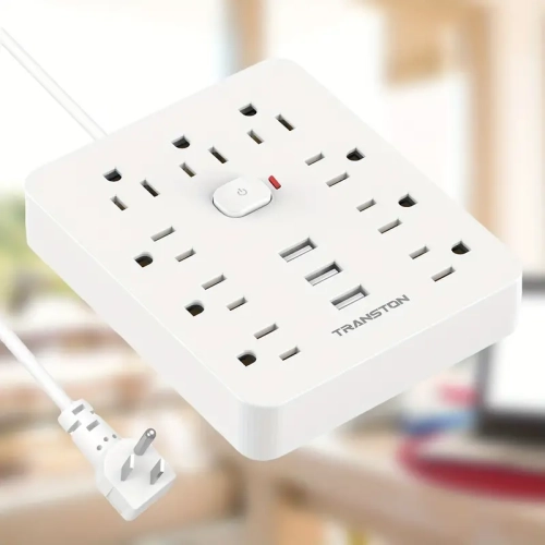 Fireproof Desktop Charging Station Surge Protector with 9 Sockets, 3 USB Ports, Flat Plug, Wall-Mounted 5ft Extension Cord – White, Perfect for Home