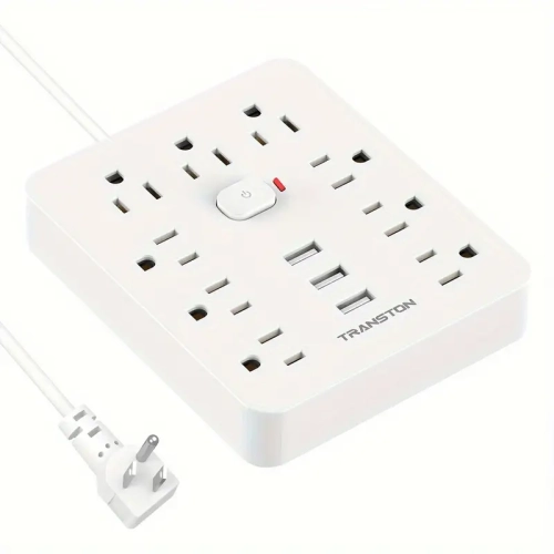 Fireproof Desktop Charging Station Surge Protector with 9 Sockets, 3 USB Ports, Flat Plug, Wall-Mounted 5ft Extension Cord – White, Perfect for Home