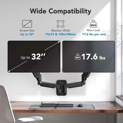 Dual Monitor Wall Mount Up to 32 inch Screens, Wall Monitor Mount with Gas Spring System, Height Adjustable Tilt, Swivel, Rotate, Dual Monitor Mount