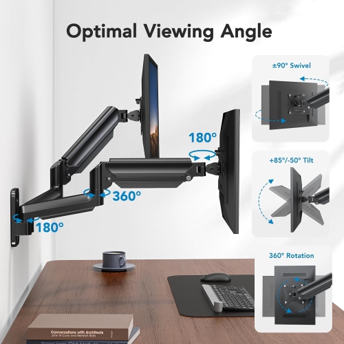 Dual Monitor Wall Mount Up to 32 inch Screens, Wall Monitor Mount with Gas Spring System, Height Adjustable Tilt, Swivel, Rotate, Dual Monitor Mount