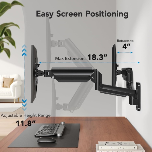 Dual Monitor Wall Mount Up to 32 inch Screens, Wall Monitor Mount with Gas Spring System, Height Adjustable Tilt, Swivel, Rotate, Dual Monitor Mount