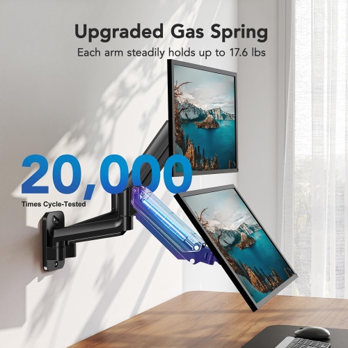 Dual Monitor Wall Mount Up to 32 inch Screens, Wall Monitor Mount with Gas Spring System, Height Adjustable Tilt, Swivel, Rotate, Dual Monitor Mount
