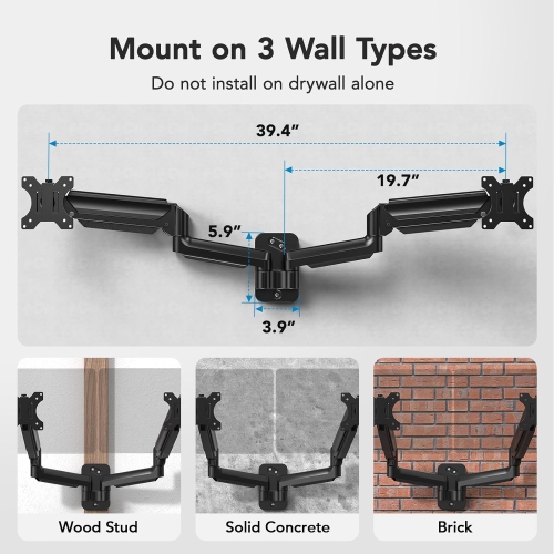 Dual Monitor Wall Mount Up to 32 inch Screens, Wall Monitor Mount with Gas Spring System, Height Adjustable Tilt, Swivel, Rotate, Dual Monitor Mount