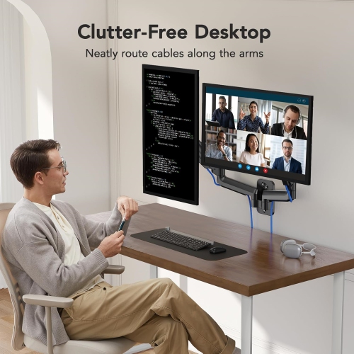 Dual Monitor Wall Mount Up to 32 inch Screens, Wall Monitor Mount with Gas Spring System, Height Adjustable Tilt, Swivel, Rotate, Dual Monitor Mount