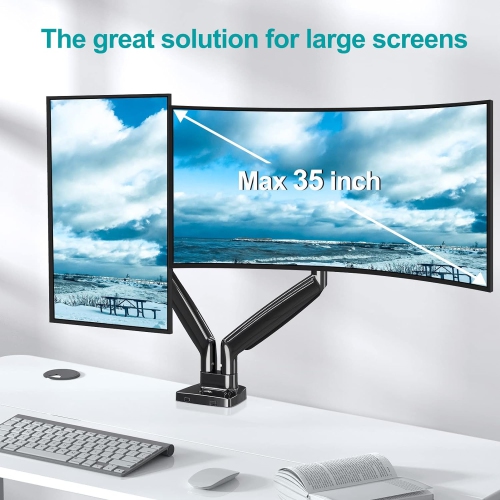 Dual Monitor Desk Mount fits 22” to 35” Ultrawide Computer Screen, Holds up to 26.4lbs Each, Fully Adjustable Long Monitor Arm for Two Monitors, Gas