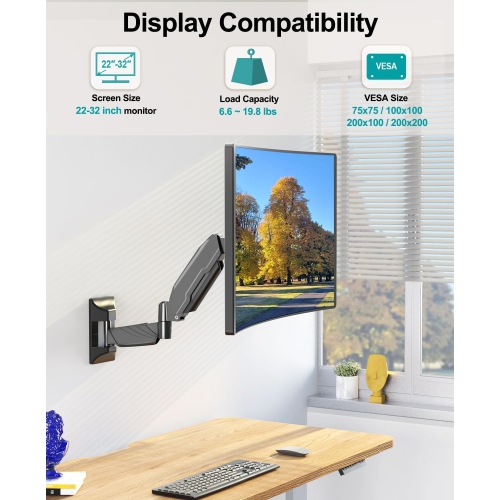 Single Monitor Wall Mount for Max 32 Inch Computer Screen, Premium Heavy Duty Single Monitor Arm, Full Motion Wall Monitor Mount with VESA Extension