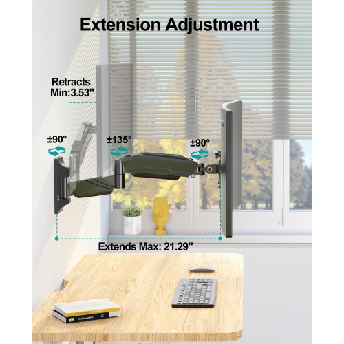 Single Monitor Wall Mount for Max 32 Inch Computer Screen, Premium Heavy Duty Single Monitor Arm, Full Motion Wall Monitor Mount with VESA Extension