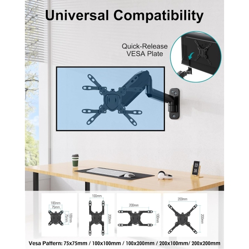 Monitor Wall Mount for Max 35 inch/26.4lbs Flat Curved Screens, Premium Heavy Duty Single Monitor Arm, Full Motion Ultrawide Wall Monitor Mount with