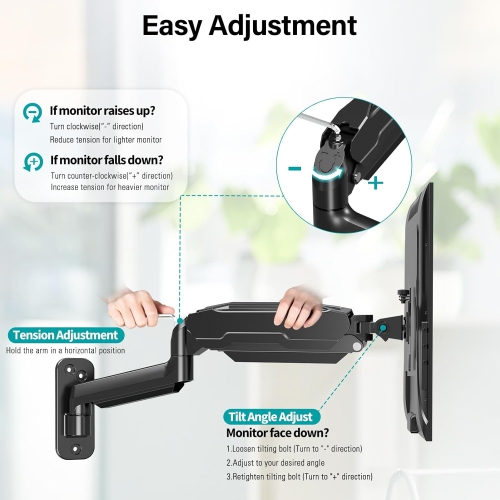 Monitor Wall Mount for Max 35 inch/26.4lbs Flat Curved Screens, Premium Heavy Duty Single Monitor Arm, Full Motion Ultrawide Wall Monitor Mount with