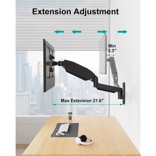 Monitor Wall Mount for Max 35 inch/26.4lbs Flat Curved Screens, Premium Heavy Duty Single Monitor Arm, Full Motion Ultrawide Wall Monitor Mount with