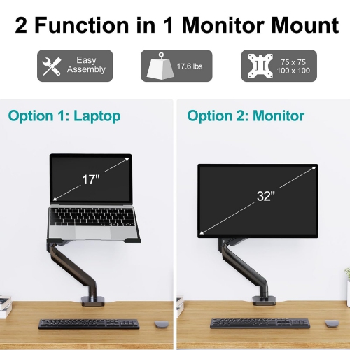 Single Monitor Mount Stand fits 22-35 inch/26.4lbs Ultrawide Computer Screen, Long Monitor Arm with Height Adjustable, Premium Gas Spring Monitor