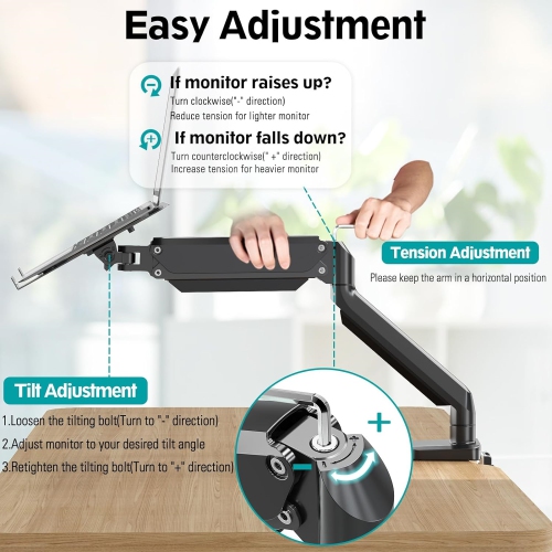 Single Monitor Mount Stand fits 22-35 inch/26.4lbs Ultrawide Computer Screen, Long Monitor Arm with Height Adjustable, Premium Gas Spring Monitor