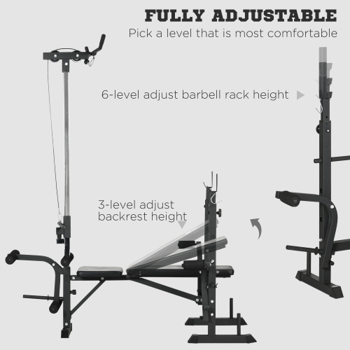 Soozier Adjustable Weight Bench with Pulley System, Incline Workout Bench Set with Squat Rack, Leg Developer, Butterfly and Weight Storage, for Home