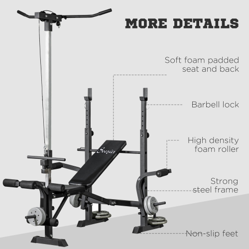 Soozier Adjustable Weight Bench with Pulley System, Incline Workout Bench Set with Squat Rack, Leg Developer, Butterfly and Weight Storage, for Home