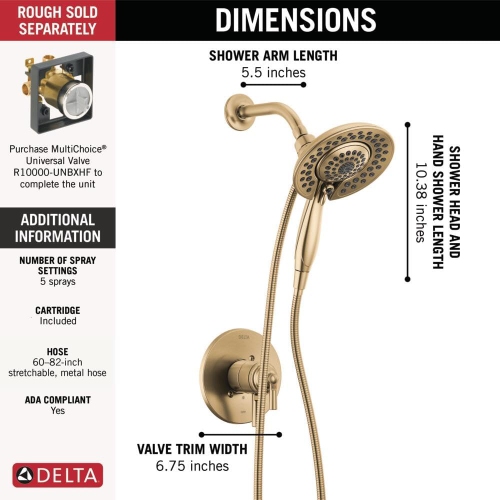 Delta Faucet Saylor 17 Series Gold Shower Valve Trim Kit with In2ition 2-in-1 Shower Head with Handheld Spray -Open Box