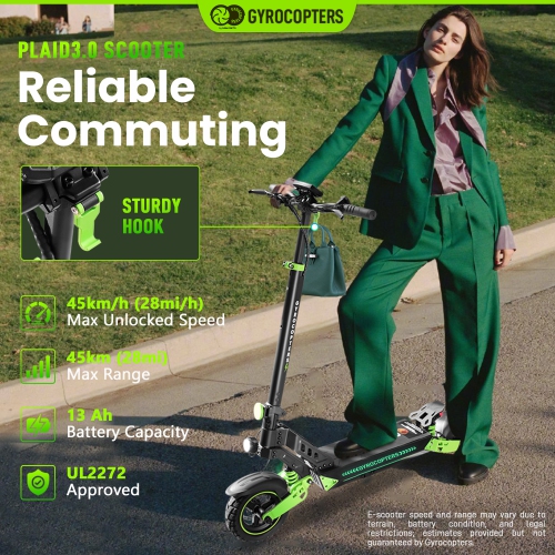 Trottinette électrique tout-terrain à carreaux de Gyrocopters, pneus de 10 po, vitesse jusqu'à 42 km/h, autonomie longue jusqu'à